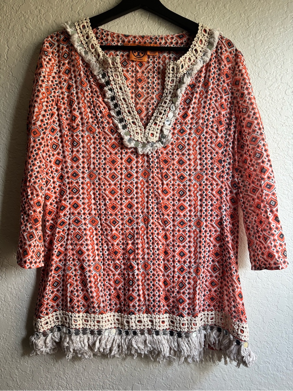 Tory Burch Embellished Geometric Tunic Top Orange Crochet Fringe Resort sz 10